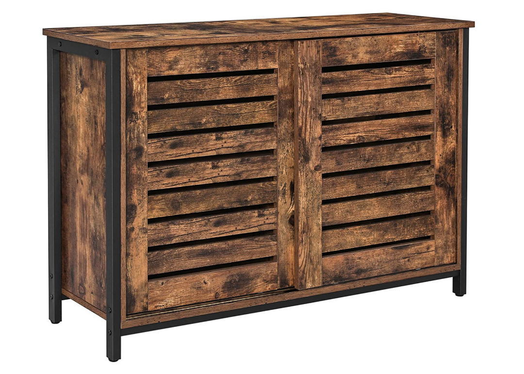 Hoout Dressoir, Opbergkast Met Schuifdeuren, Stalen Frame, 100 X 35 X 70 Cm, Bruin-Zwart