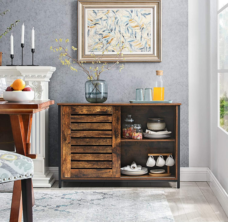 Hoout Dressoir, Opbergkast Met Schuifdeuren, Stalen Frame, 100 X 35 X 70 Cm, Bruin-Zwart