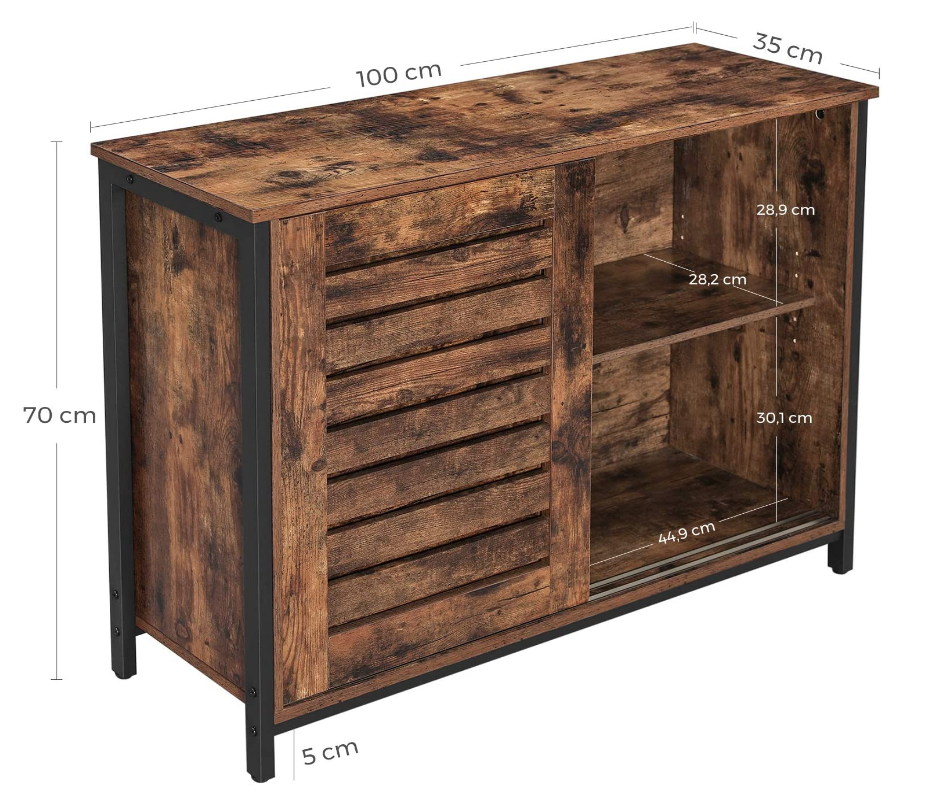 Hoout Dressoir, Opbergkast Met Schuifdeuren, Stalen Frame, 100 X 35 X 70 Cm, Bruin-Zwart