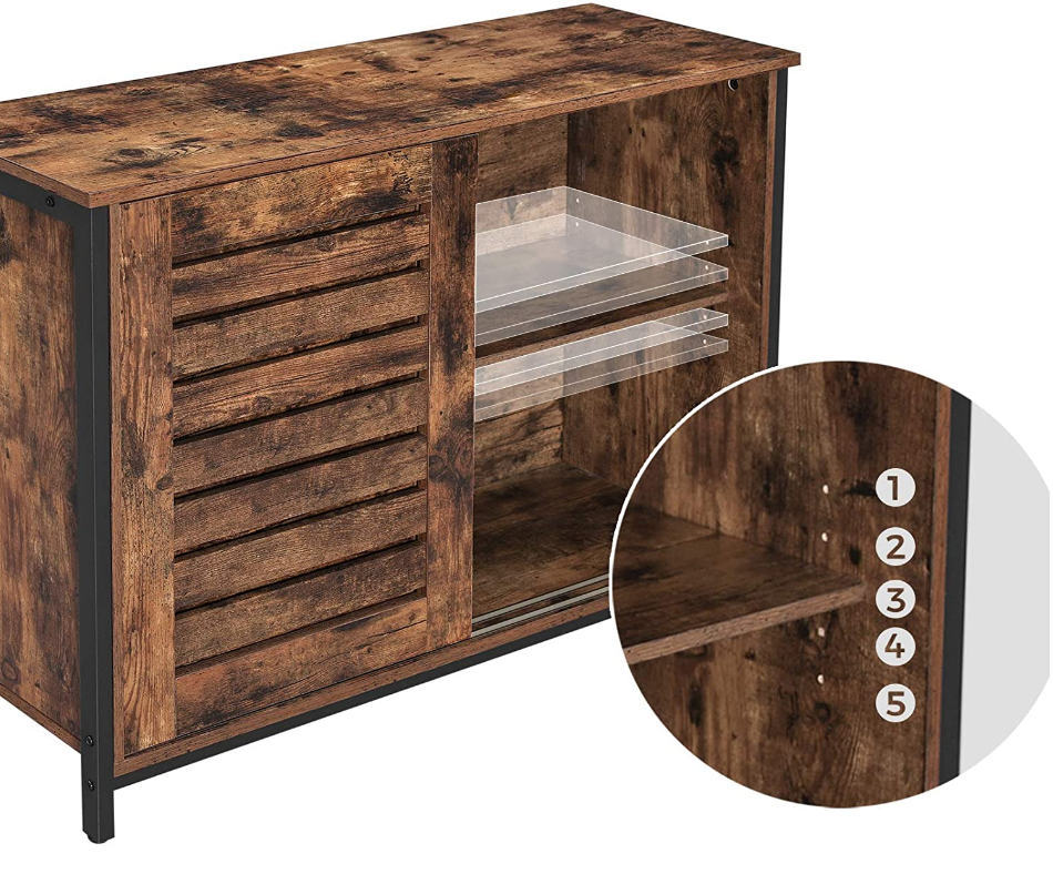 Hoout Dressoir, Opbergkast Met Schuifdeuren, Stalen Frame, 100 X 35 X 70 Cm, Bruin-Zwart
