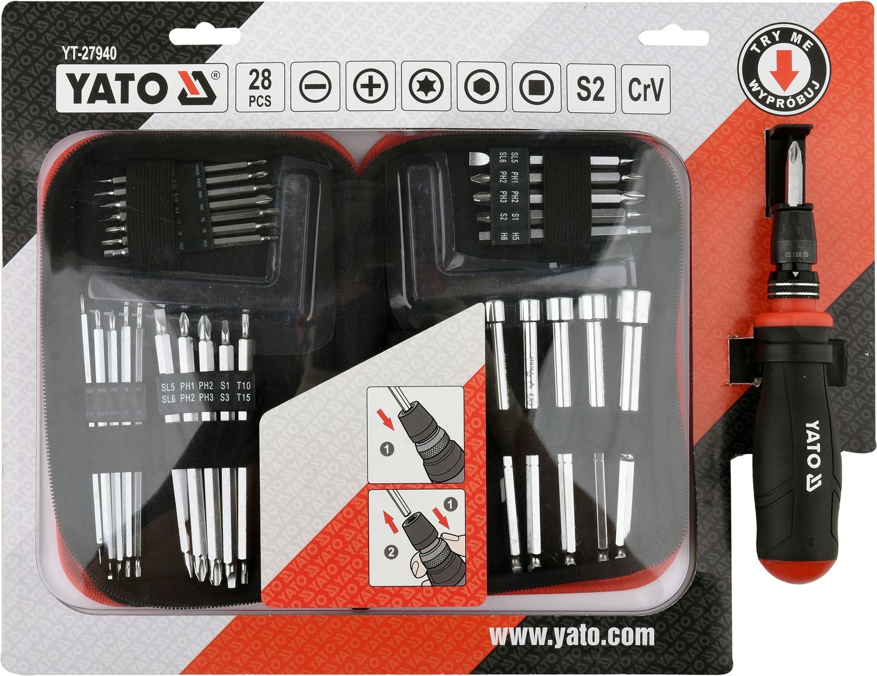 YATO 28-Delige Schroevendraaierset - PH - Met bits, Precisiebits en slagdoppen - In etui