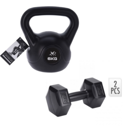 XQ Max Kettlebell - 6KG en 2 stuks Dumbbell - 2x 2KG - Zwart