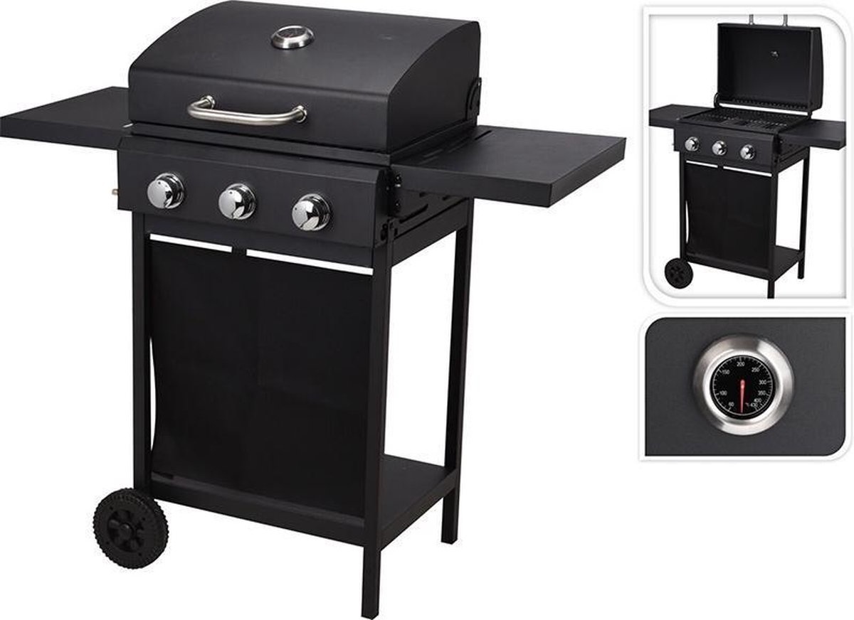 Vargan Gasbarbecue - 3 Branders - Grilloppervlak 38 x 24.5 cm - Zwart