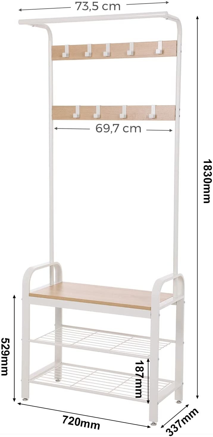 Hoout Garderoberek/ Kapstok met Schoenenrek en Zitbank - Wit - 72 x 33,7 x 183 cm