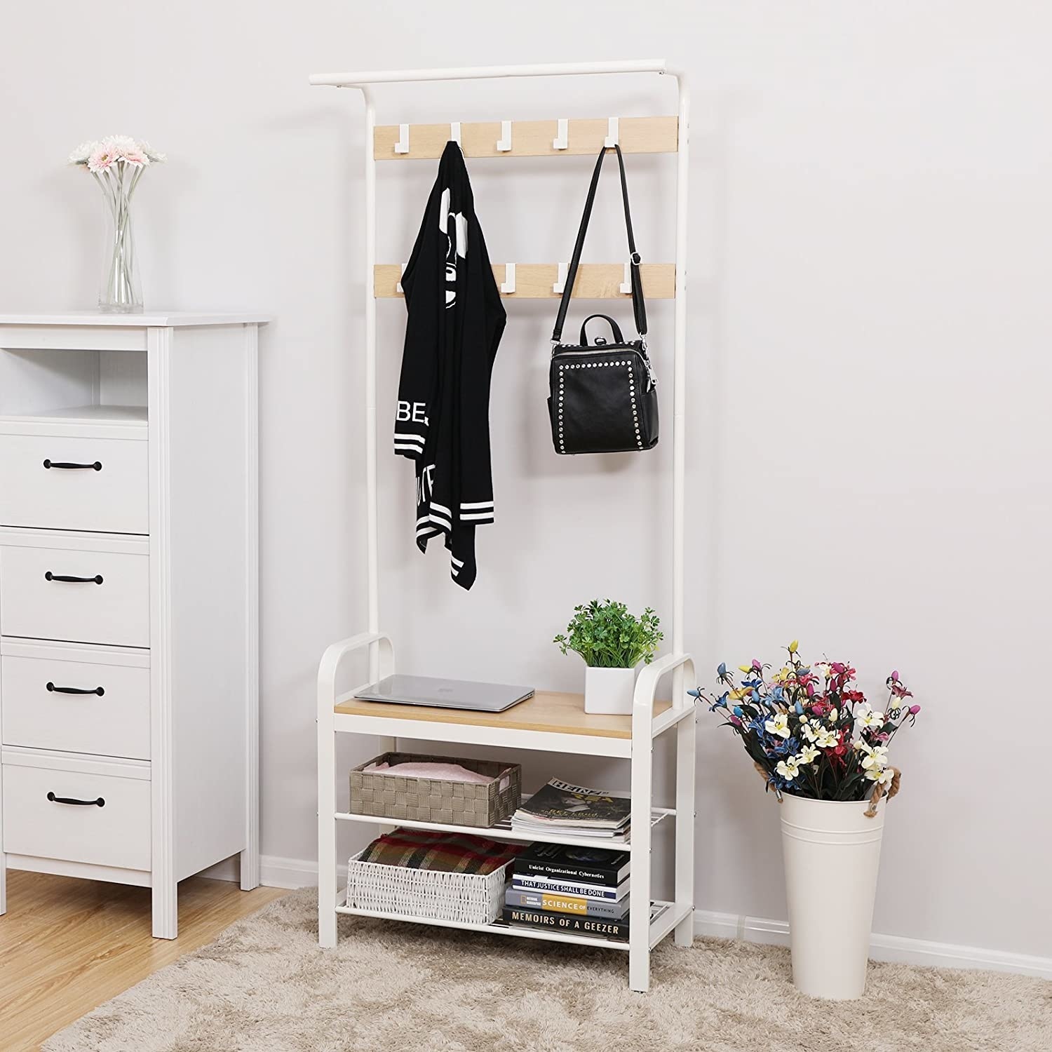 Hoout Garderoberek/ Kapstok met Schoenenrek en Zitbank - Wit - 72 x 33,7 x 183 cm