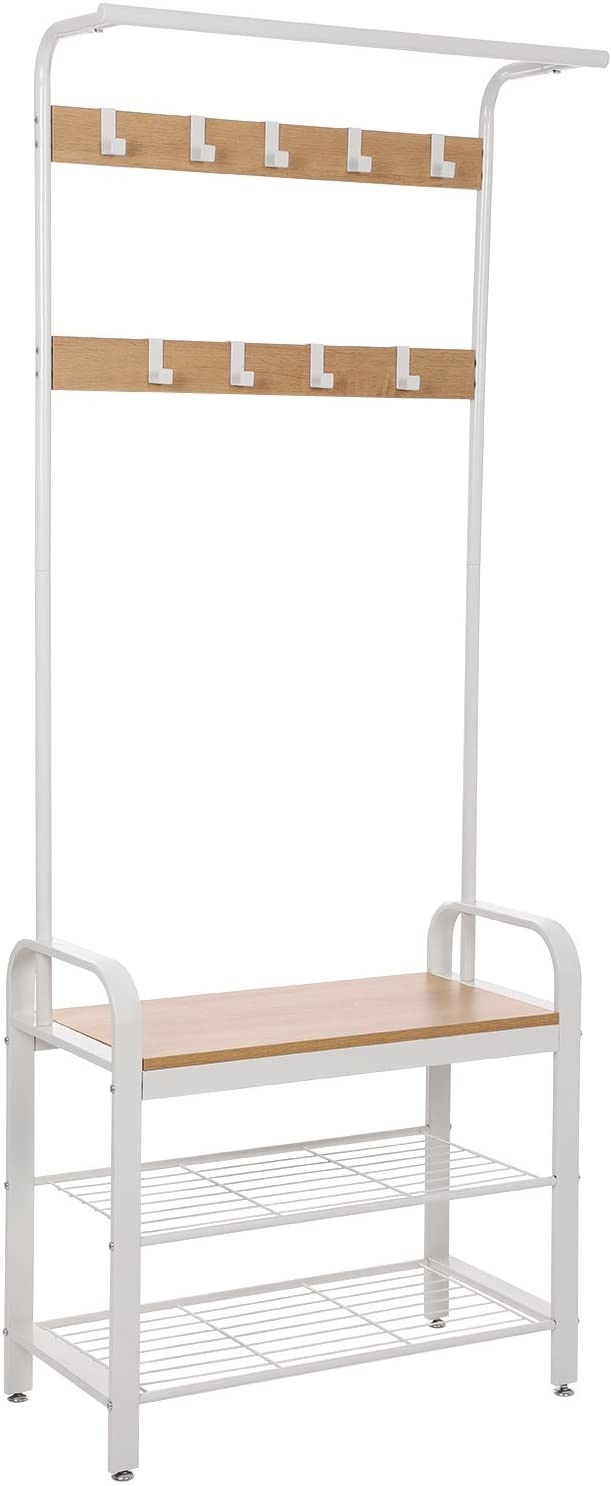 Hoout Garderoberek/ Kapstok met Schoenenrek en Zitbank - Wit - 72 x 33,7 x 183 cm