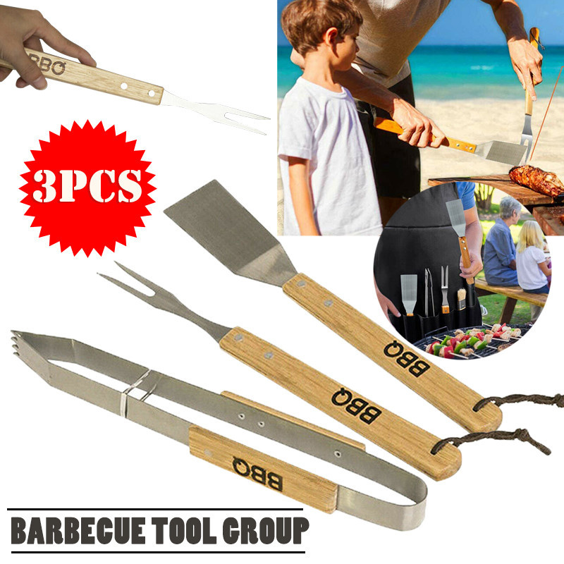 BBQ gereedschap met houten handvat - 3-delig