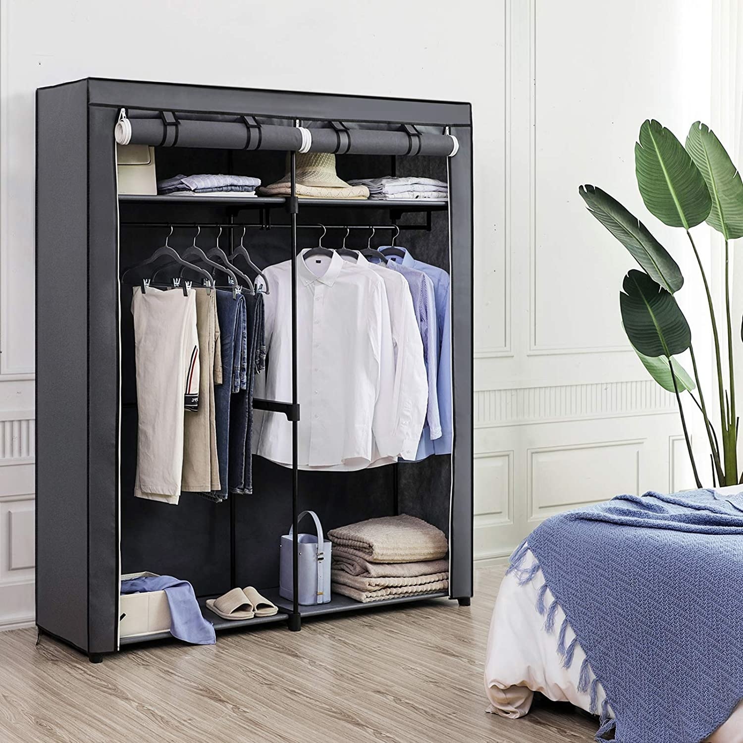 Hoout Stoffen Kledingkast / Kledingrek met Hoes - Zwart - 140 x 43 x 174 cm