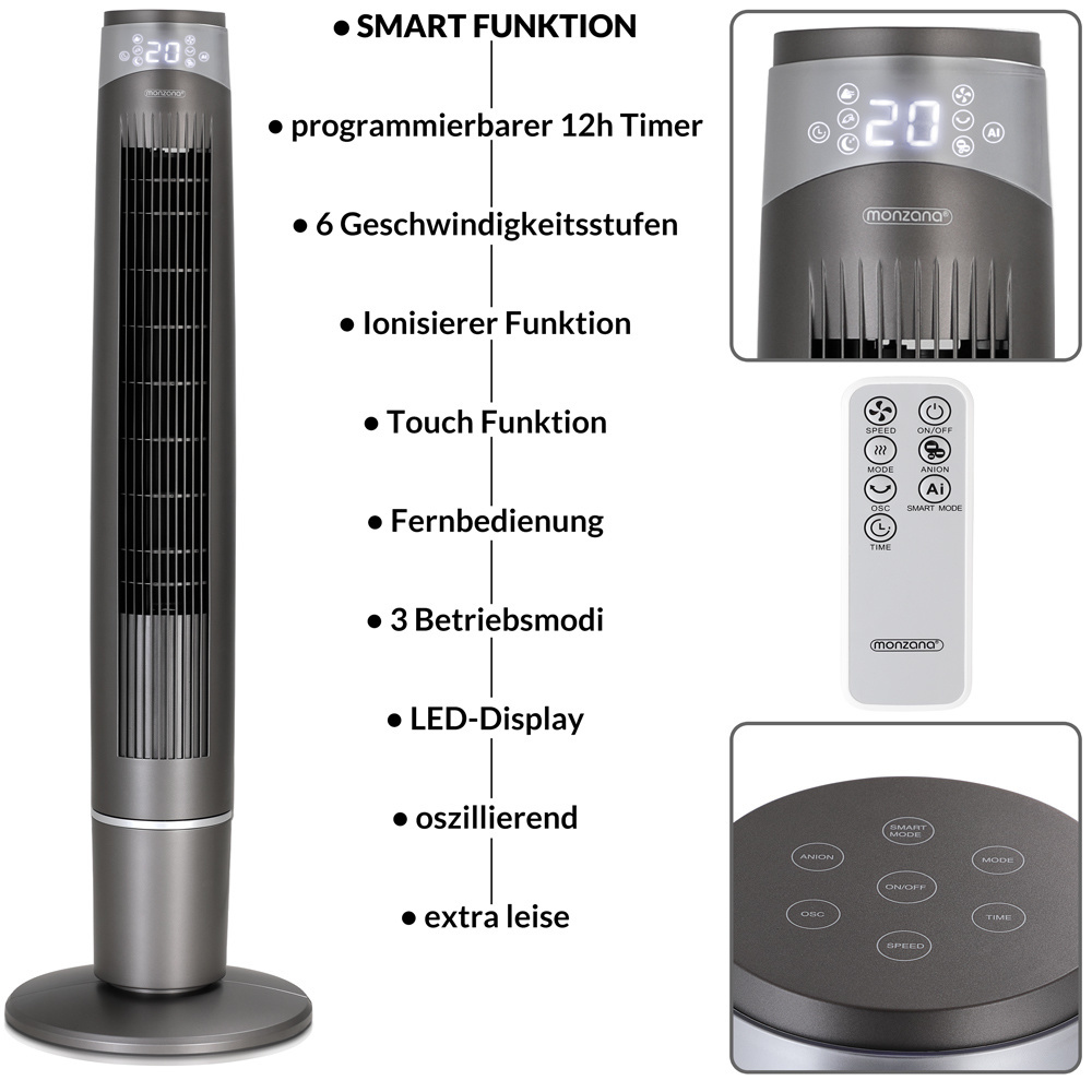 Monzana Torenventilator grijs 120cm incl. afstandsbediening