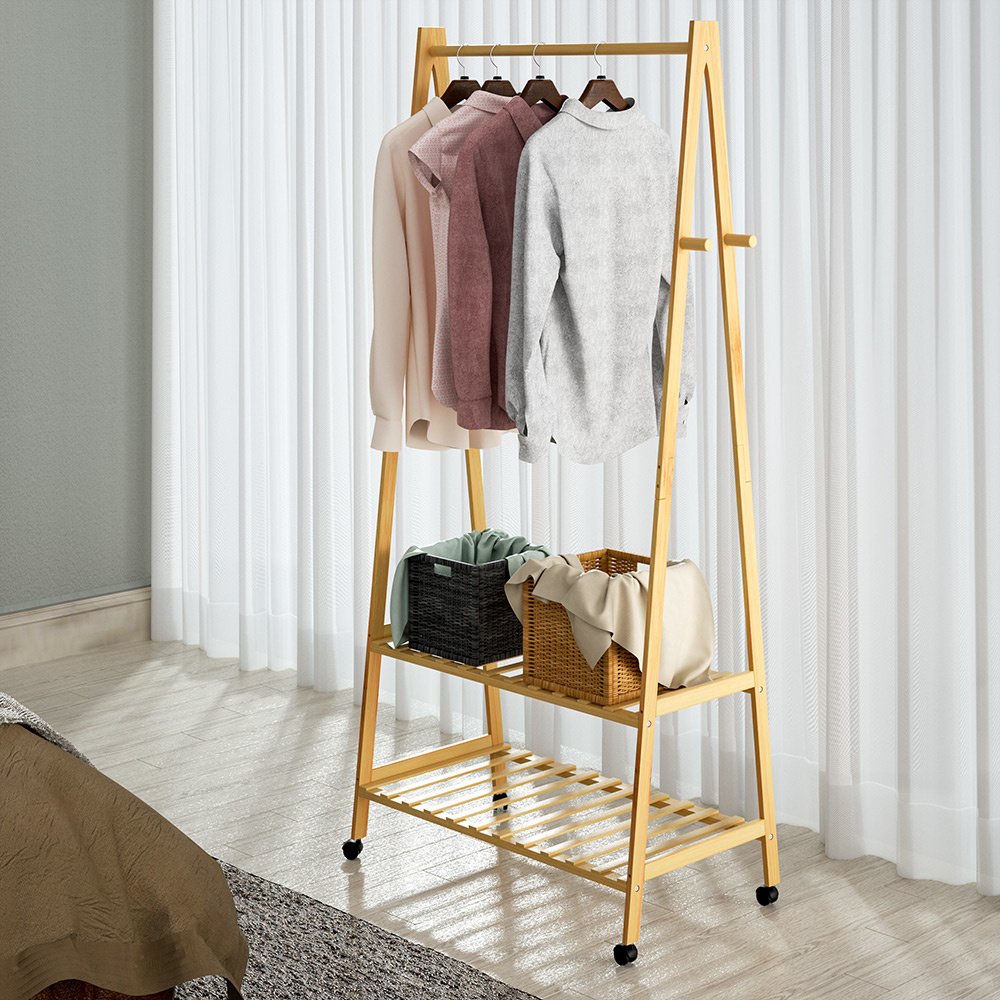 Casaria Kledingstandaard bamboe met kledingstang + 2 planken en 4 rollen