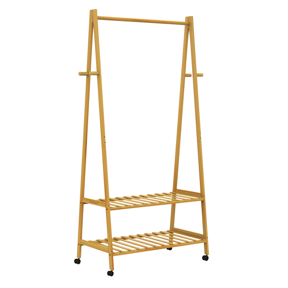 Casaria Kledingstandaard bamboe met kledingstang + 2 planken en 4 rollen