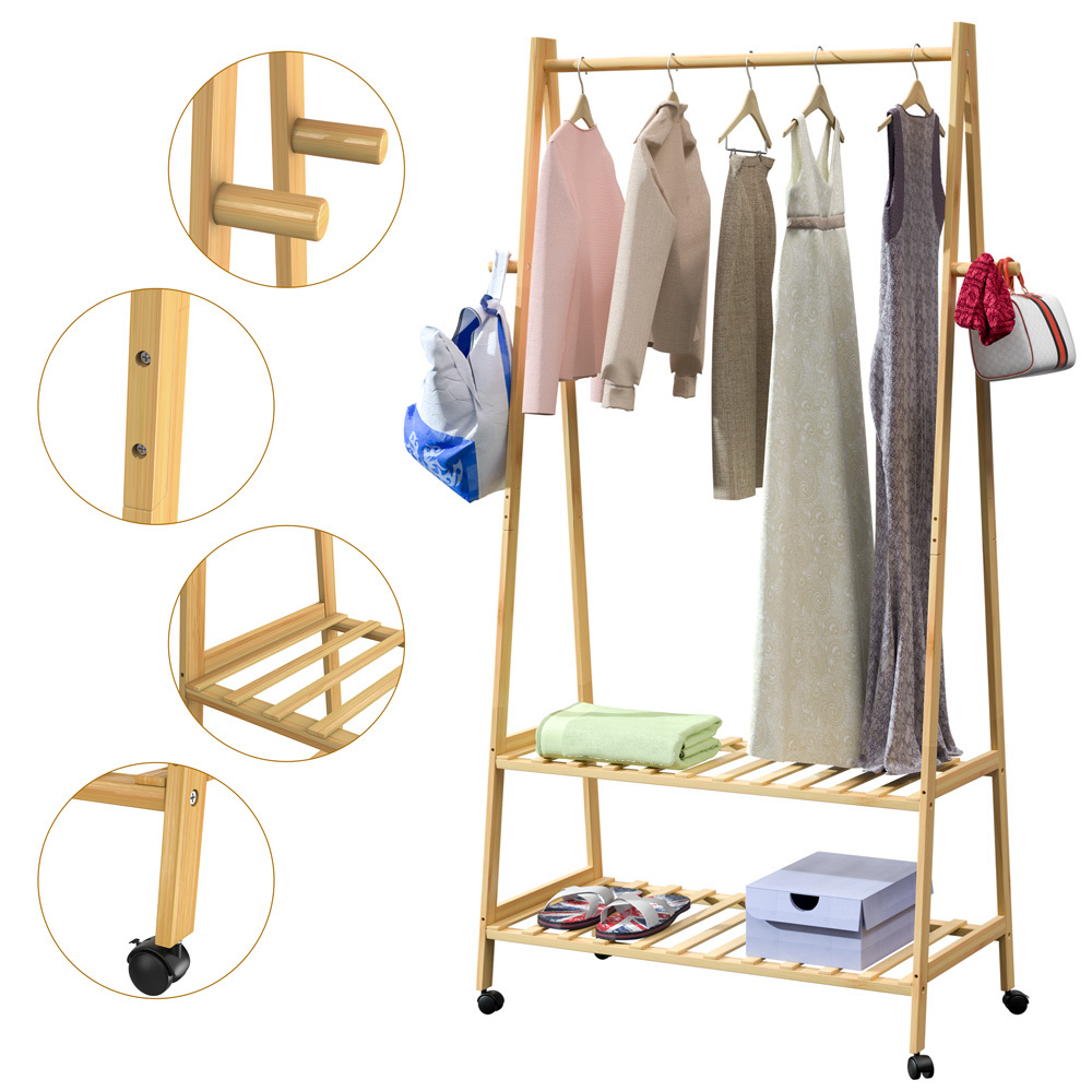 Casaria Kledingstandaard bamboe met kledingstang + 2 planken en 4 rollen