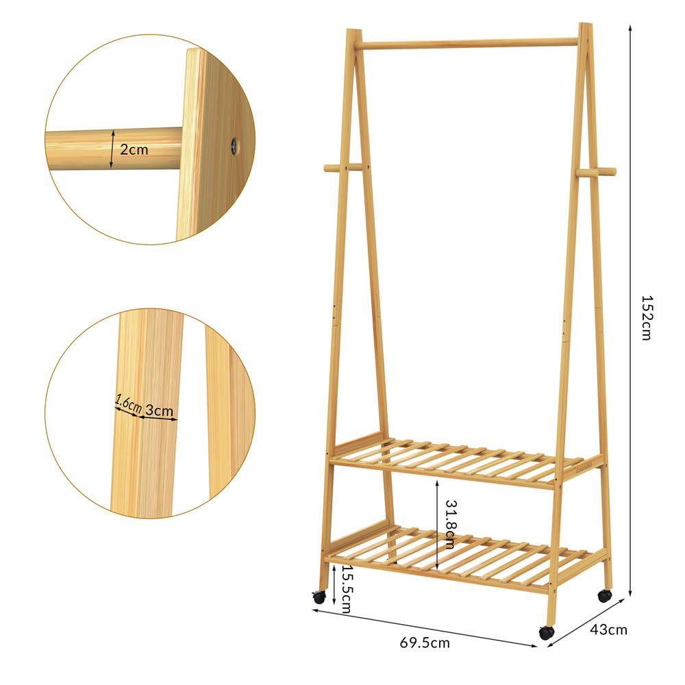 Casaria Kledingstandaard bamboe met kledingstang + 2 planken en 4 rollen