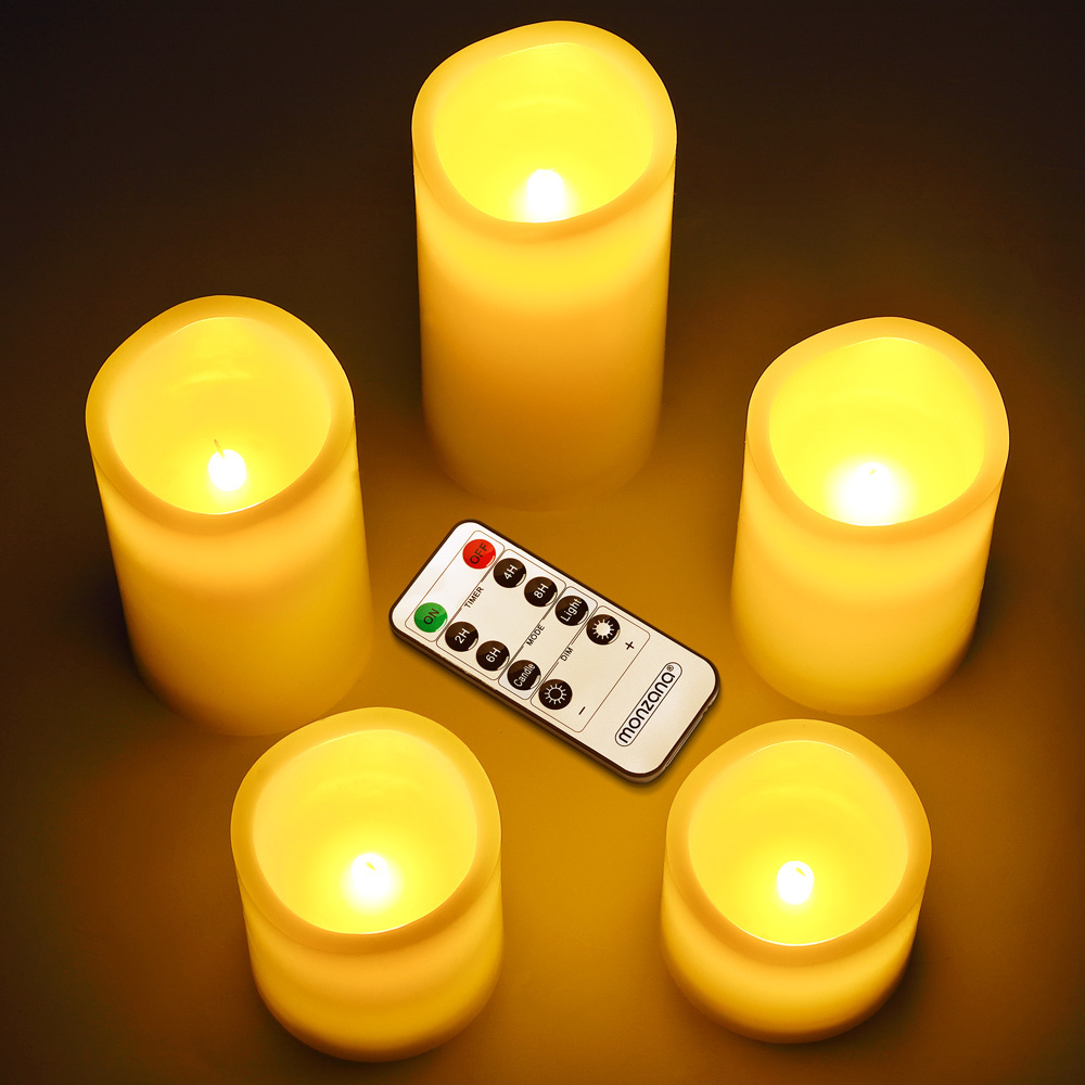Monzana 5 LED flikkerende echte waskaarsen wit met afstandsbediening & timer
