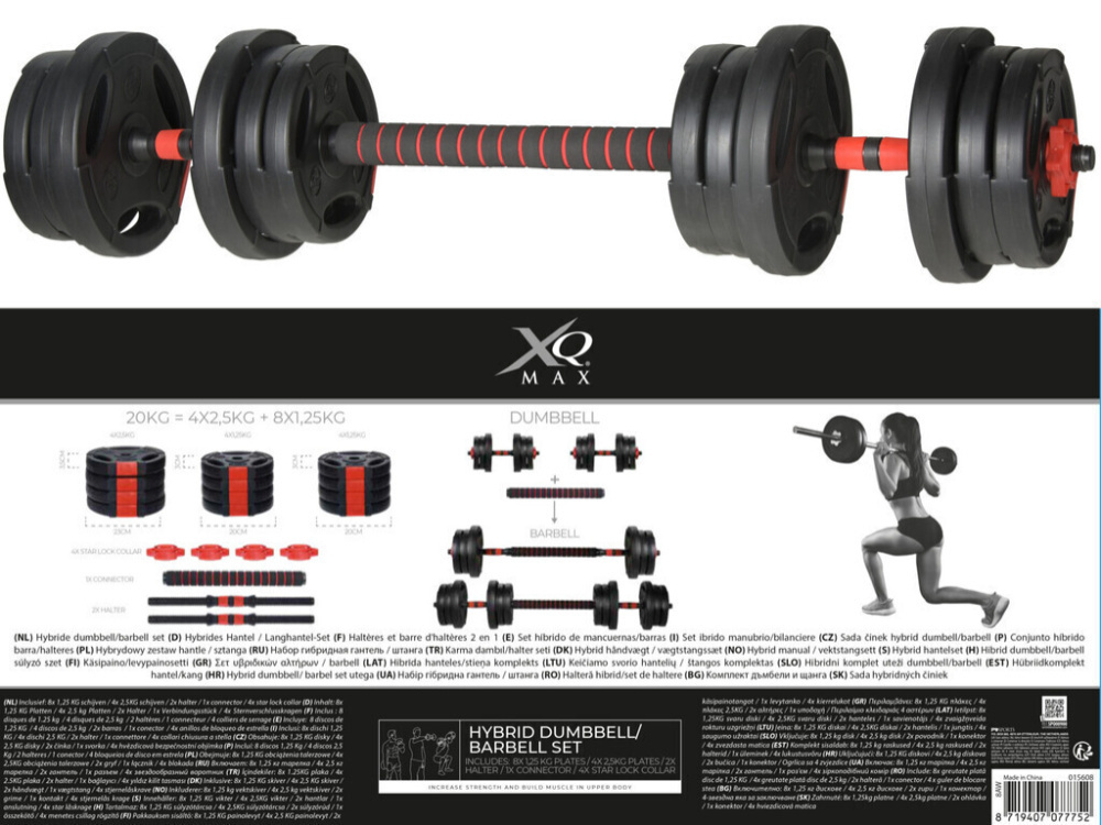 XQ Max - Dumbbell & Barbell - 3-in- 1 - Verstelbaar MET stang - 20 kg