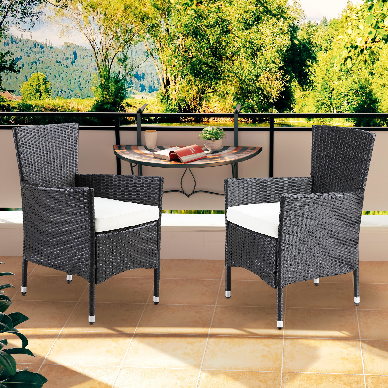 Casaria Polyrattan Tuinstoelen - 2 stuks - Zwart/ Crème - Stapelbaar