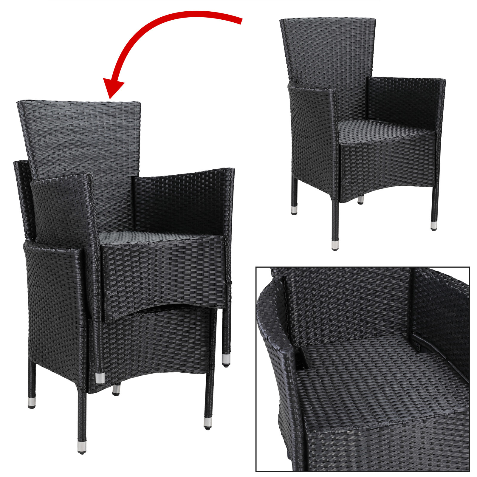 Casaria Polyrattan Tuinstoelen - 2 stuks - Zwart/ Crème - Stapelbaar