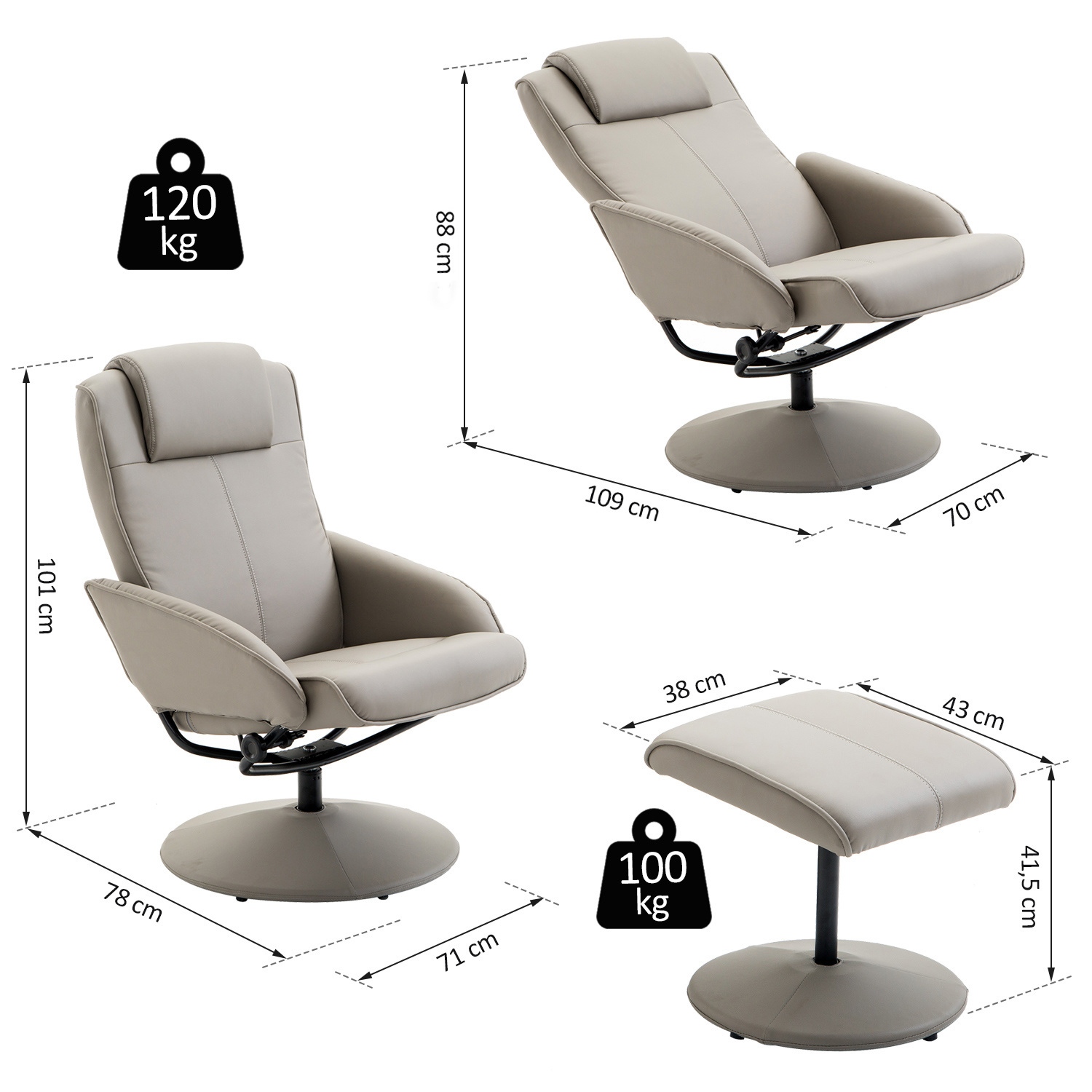 HOMdotCOM Relaxfauteuil met Voetensteun - 360 graden Draaibaar - Grijs