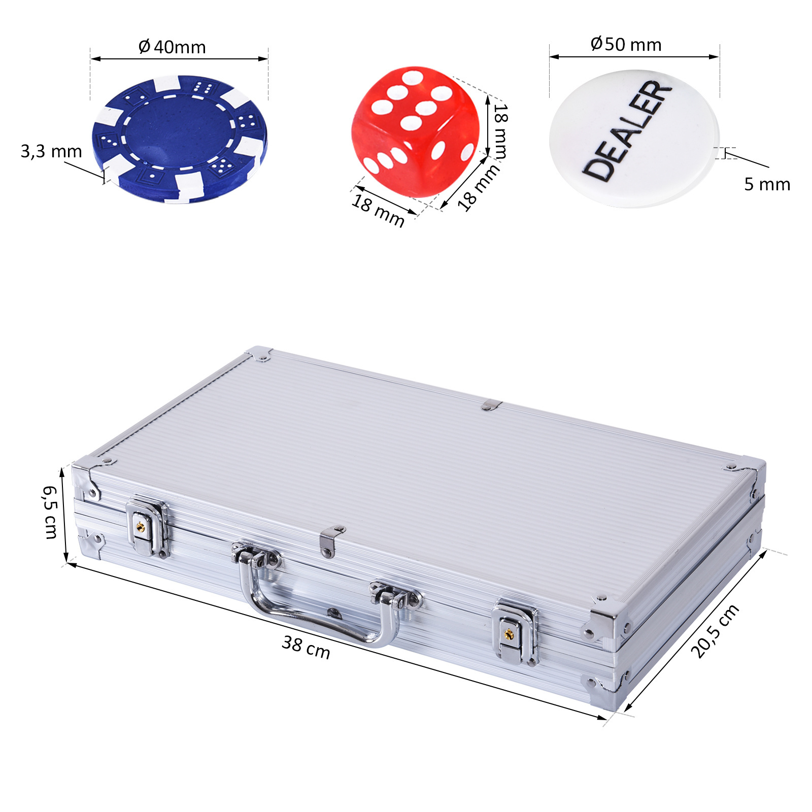 HOMdotCOM Pokerkoffer pokerset pokerchips 4/5 kleuren 2x kaartspel 5x dobbelstenen 1x aluminium koffer