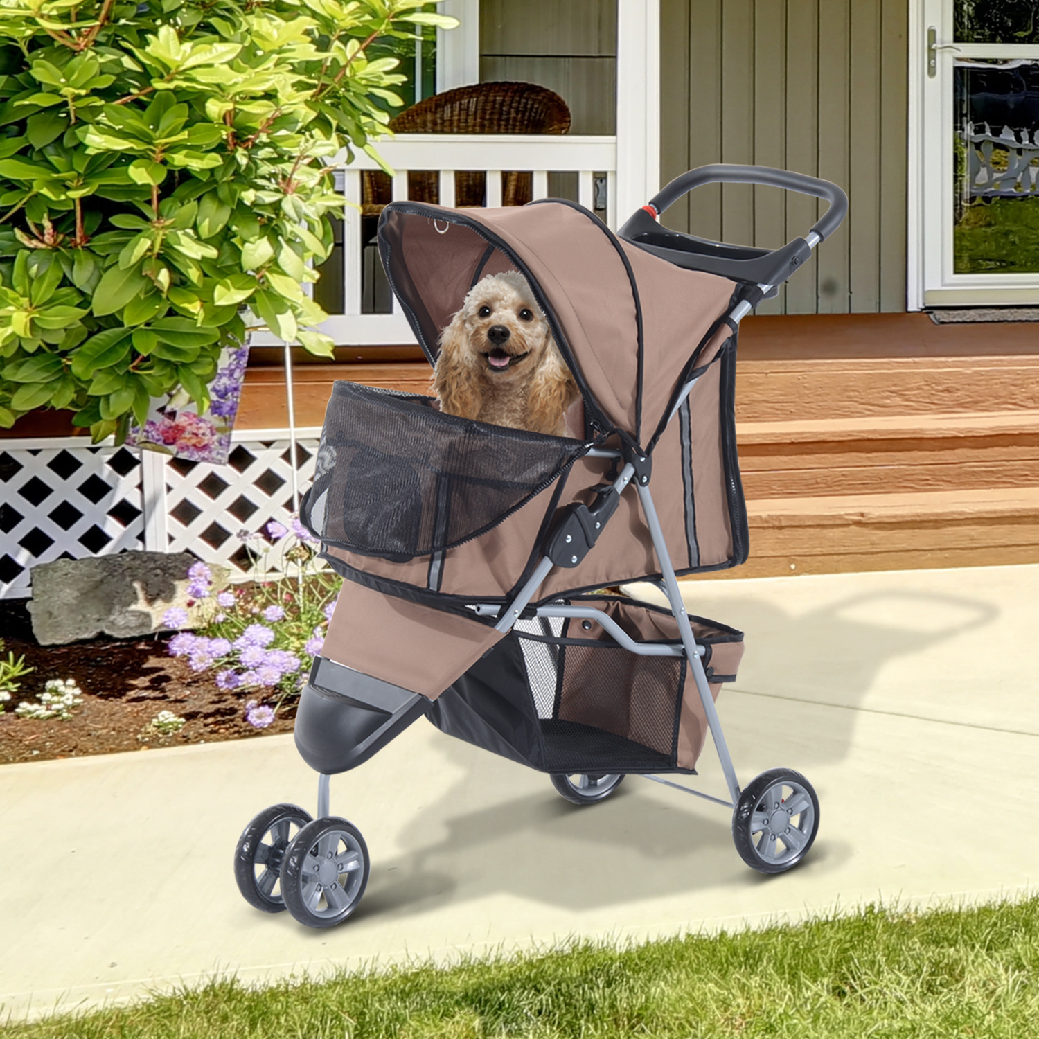 Paws Hondenbuggy met zonnedak en opbergnet bruin 75 x 45 x 97cm