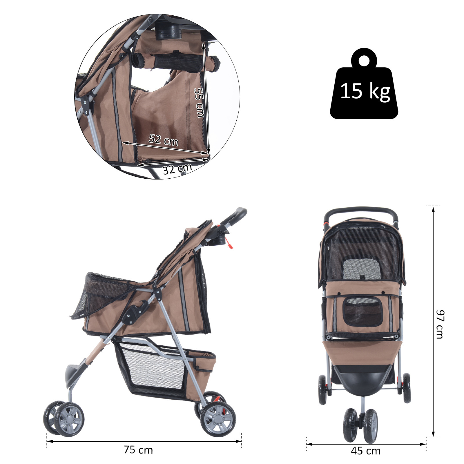 Paws Hondenbuggy met zonnedak en opbergnet bruin 75 x 45 x 97cm