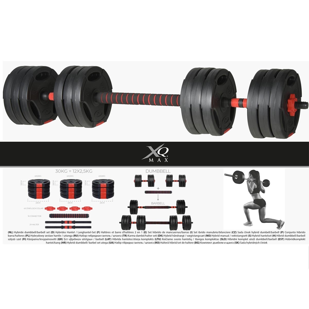 XQ Max 30 kg Dumbbell & Barbell - 3-in- 1 - Verstelbaar MET stang