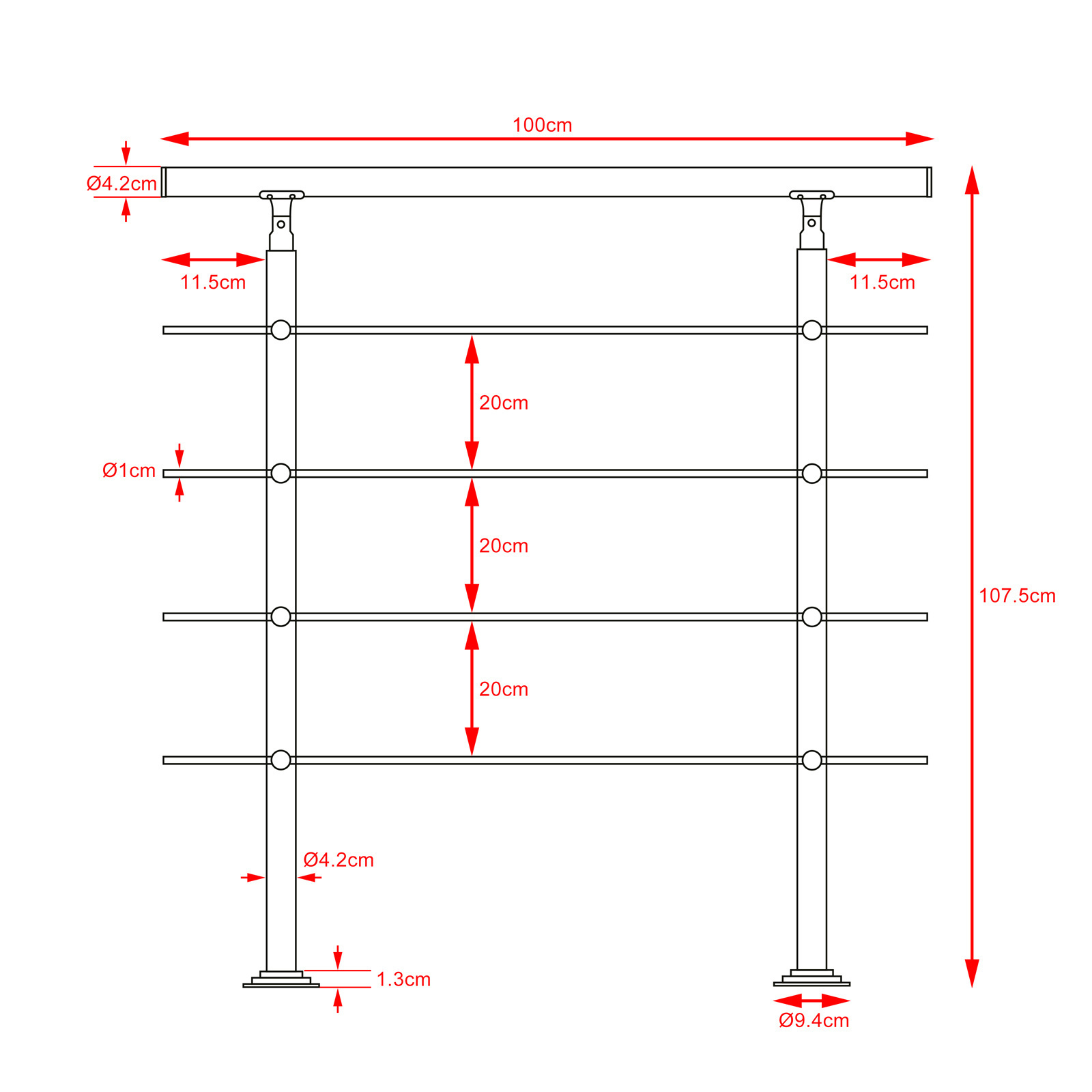 Monzana Trapleuning roestvrij staal - 3.3ft - 4 dwarsbalken