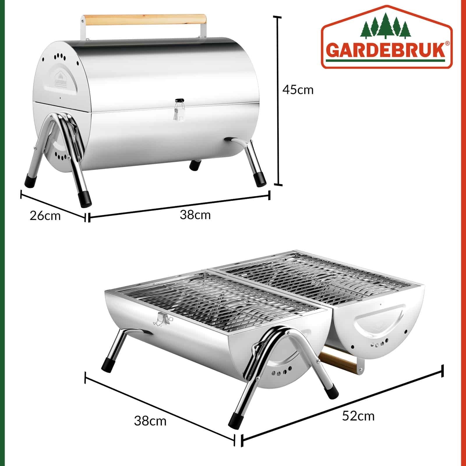 Gardebruk Draagbare roestvrijstalen grill - dubbel grilloppervlak 38 x 52 cm