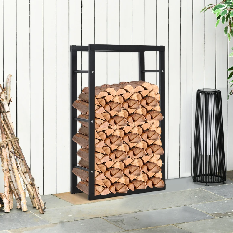 HOMdotCOM Haardhout Opslagrek - Zwart Staal - 60 x 25 x 100 cm - 100kg