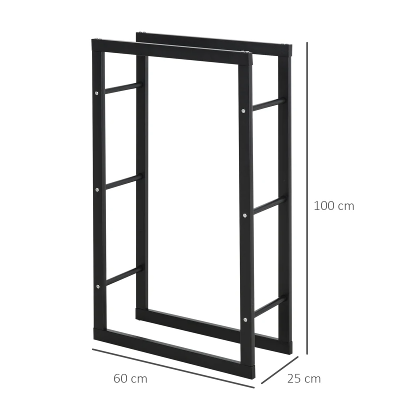 HOMdotCOM Haardhout Opslagrek - Zwart Staal - 60 x 25 x 100 cm - 100kg