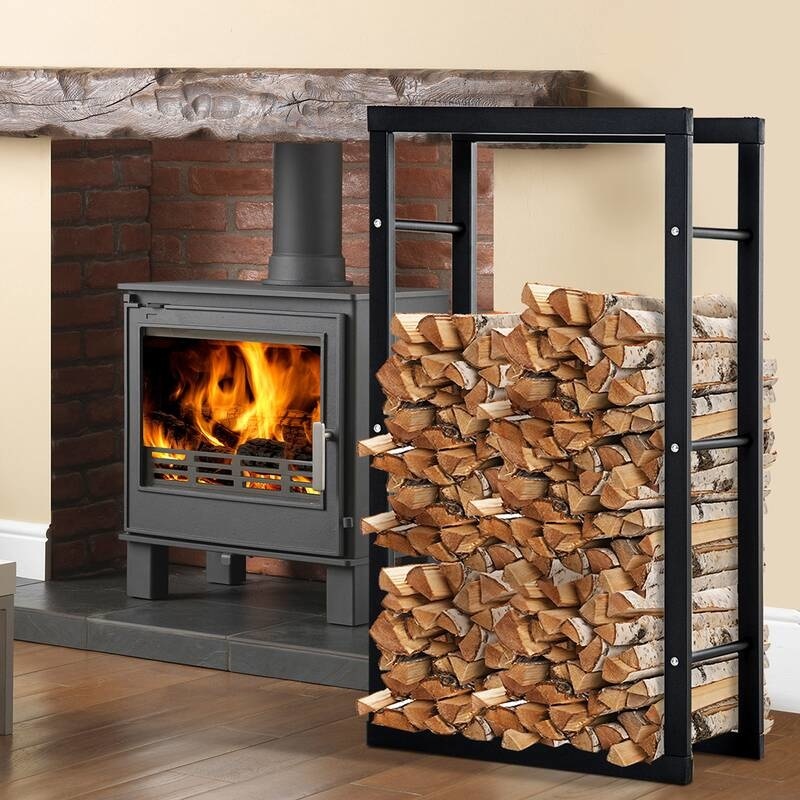 HOMdotCOM Haardhout Opslagrek - Zwart Staal - 60 x 25 x 100 cm - 100kg