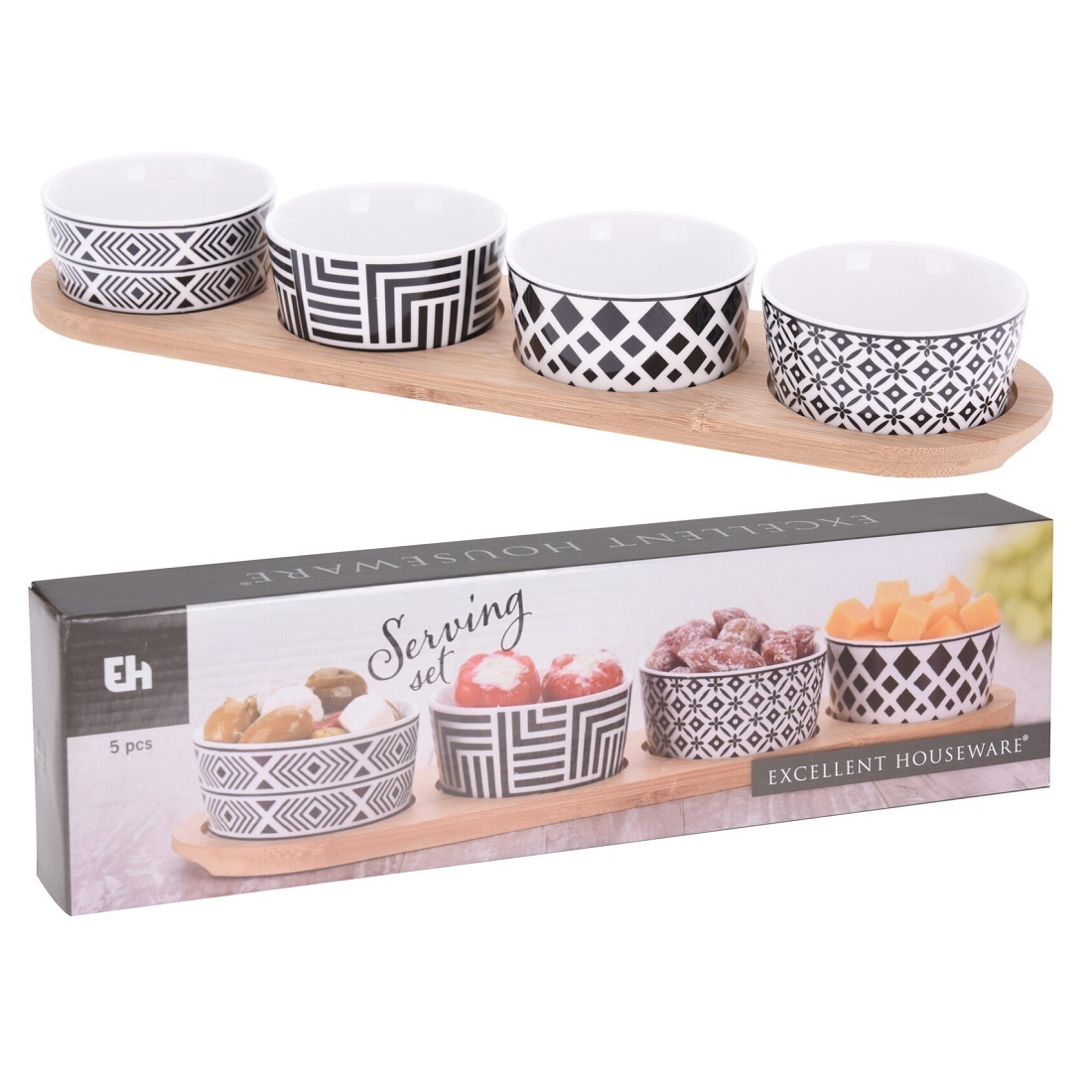 Excellent Houseware Serveerplank – bamboe – 38 x 10 cm – met 4x porseleinen schaaltjes