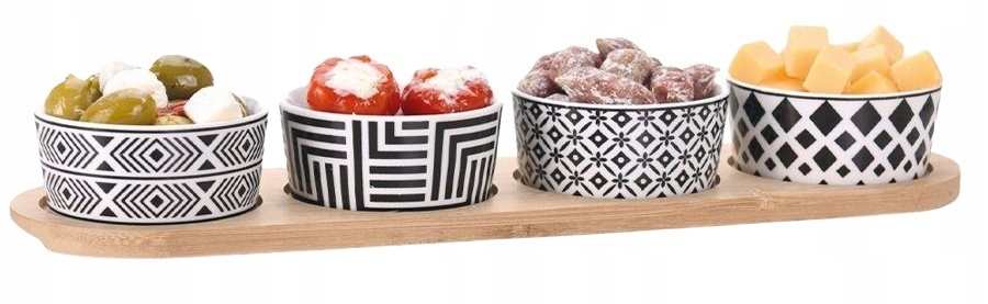 Excellent Houseware Serveerplank – bamboe – 38 x 10 cm – met 4x porseleinen schaaltjes