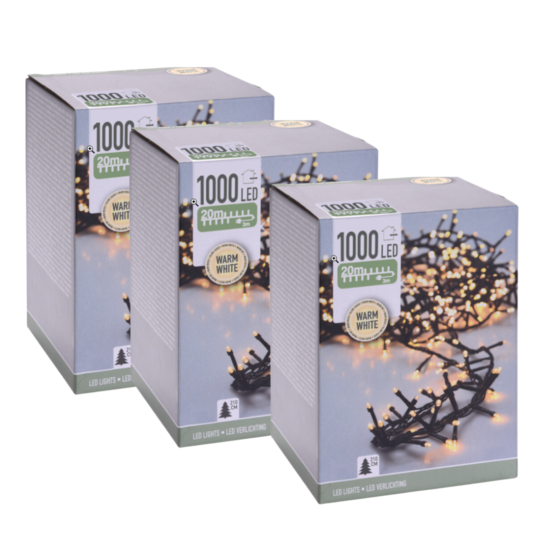 Nampook - Kerstverlichting Clusterverlichting - SET VAN 3 - 1000 LED - 20 meter - Warm Wit - Microcluster