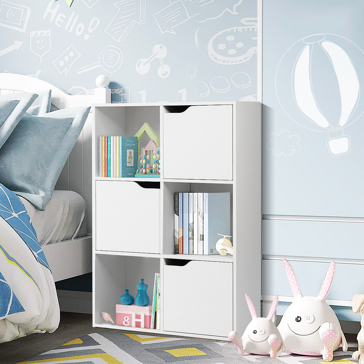 Costway Houten Boekenkast Met 3 Open En 3 Gesloten Vakken - 60 cm x 29 cm x 90 cm