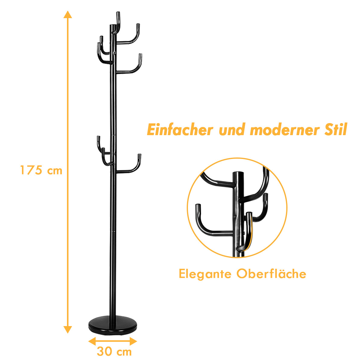 Costway Metalen Kapstok Met 11 Haken En Stabiele Ronde Voet - Zwart - 30 x 30 x 175 cm