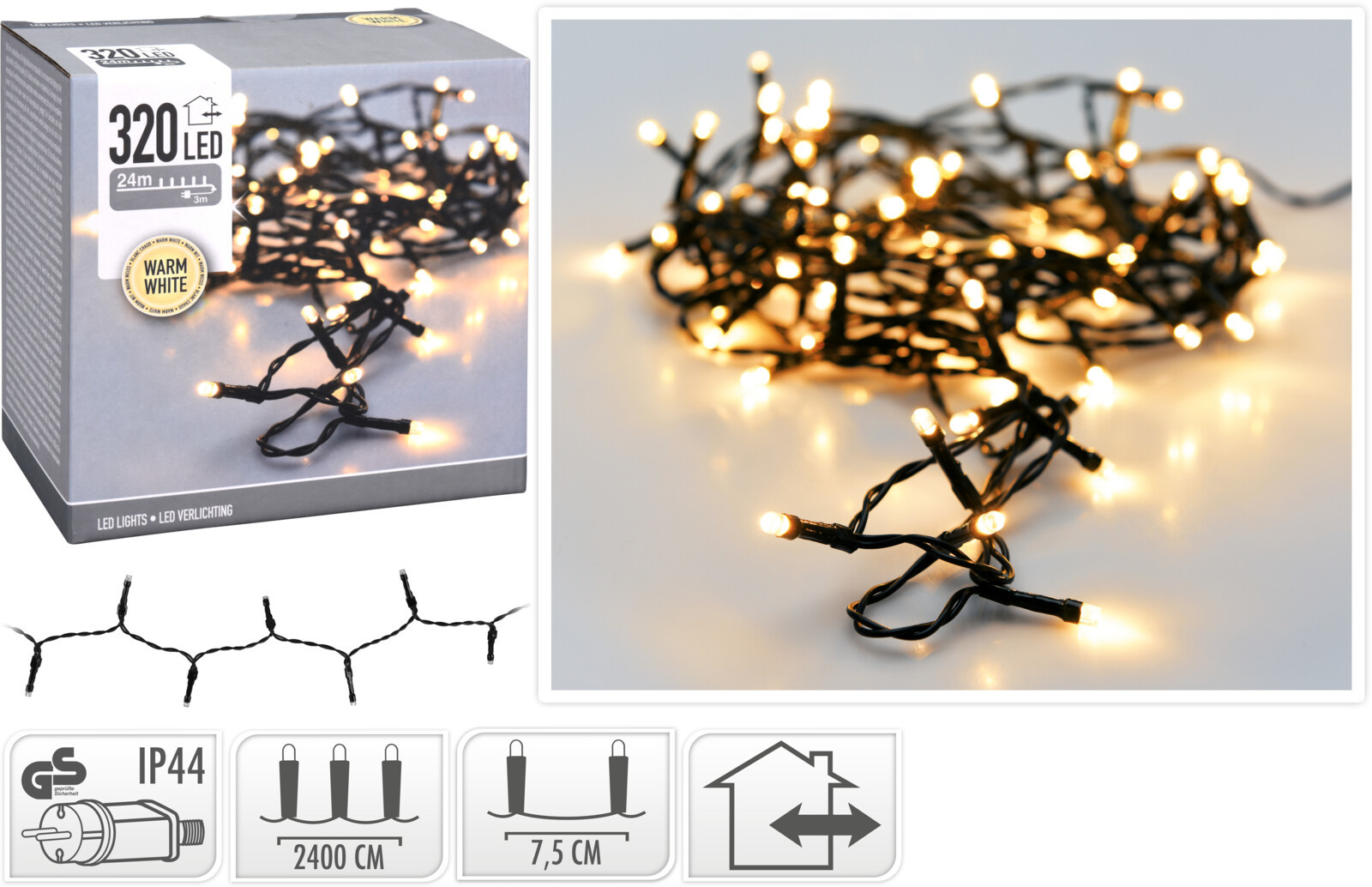 Kerstverlichting 24 meter warm wit - 320 LED's - Voor binnen EN buiten