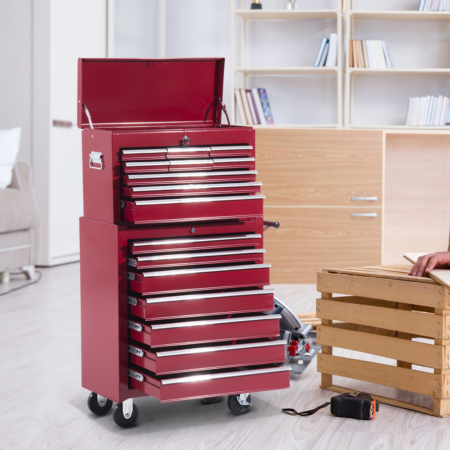 HOMdotCOM Gereedschapswagen met 16 laden afsluitbaar op wielen rood 61,5 x 33 x 113cm