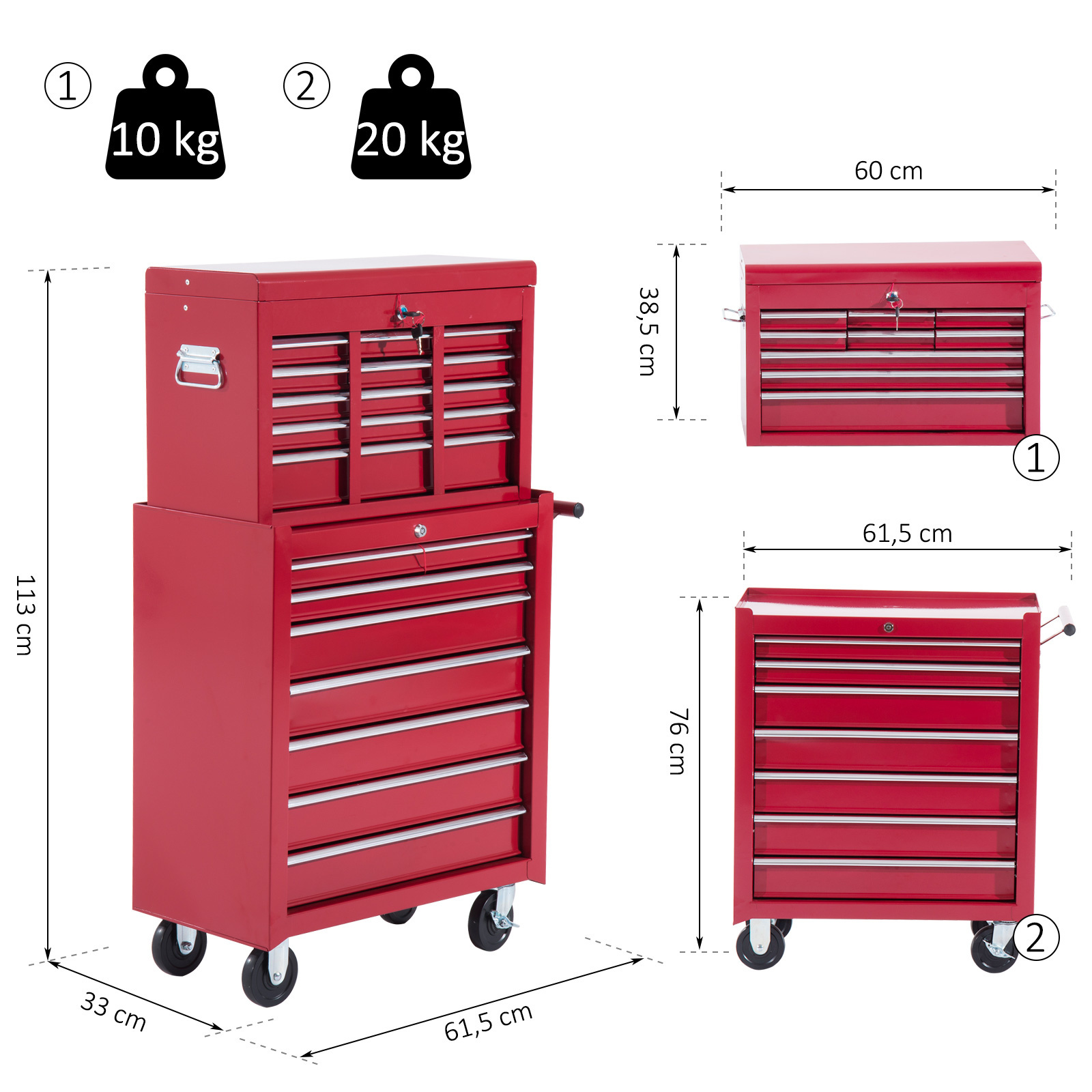 HOMdotCOM Gereedschapswagen met 16 laden afsluitbaar op wielen rood 61,5 x 33 x 113cm