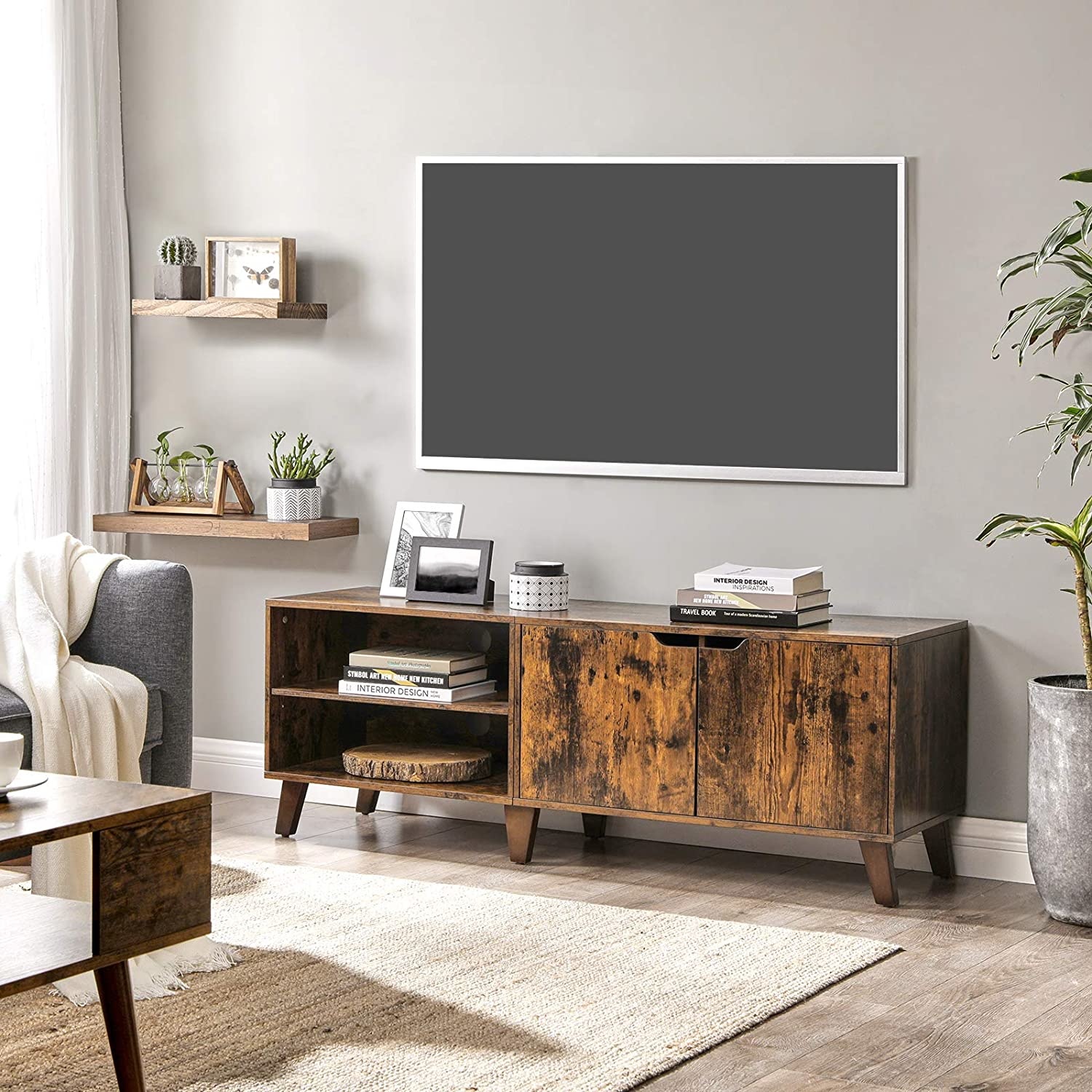 Hoout Tv-Meubel Voor Max 60 Inch Tv, Verstelbare Planken, 2 Deuren, Bruin