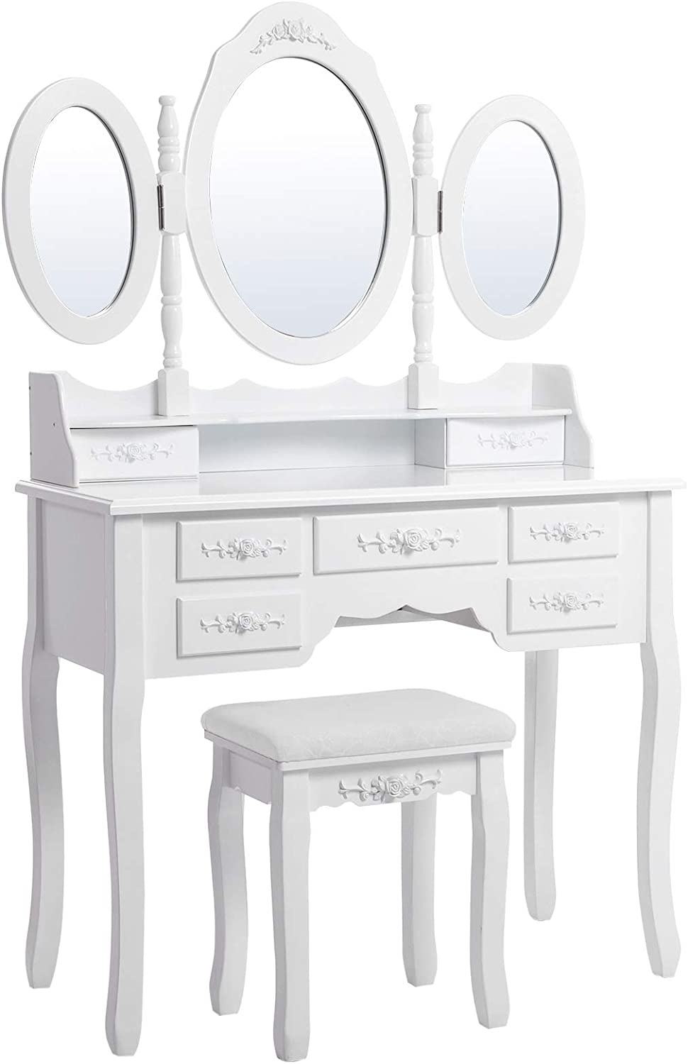 Hoout Makeuptafel/ Kaptafel Met 3 Spiegels En Kruk, 7 Laden, Wit