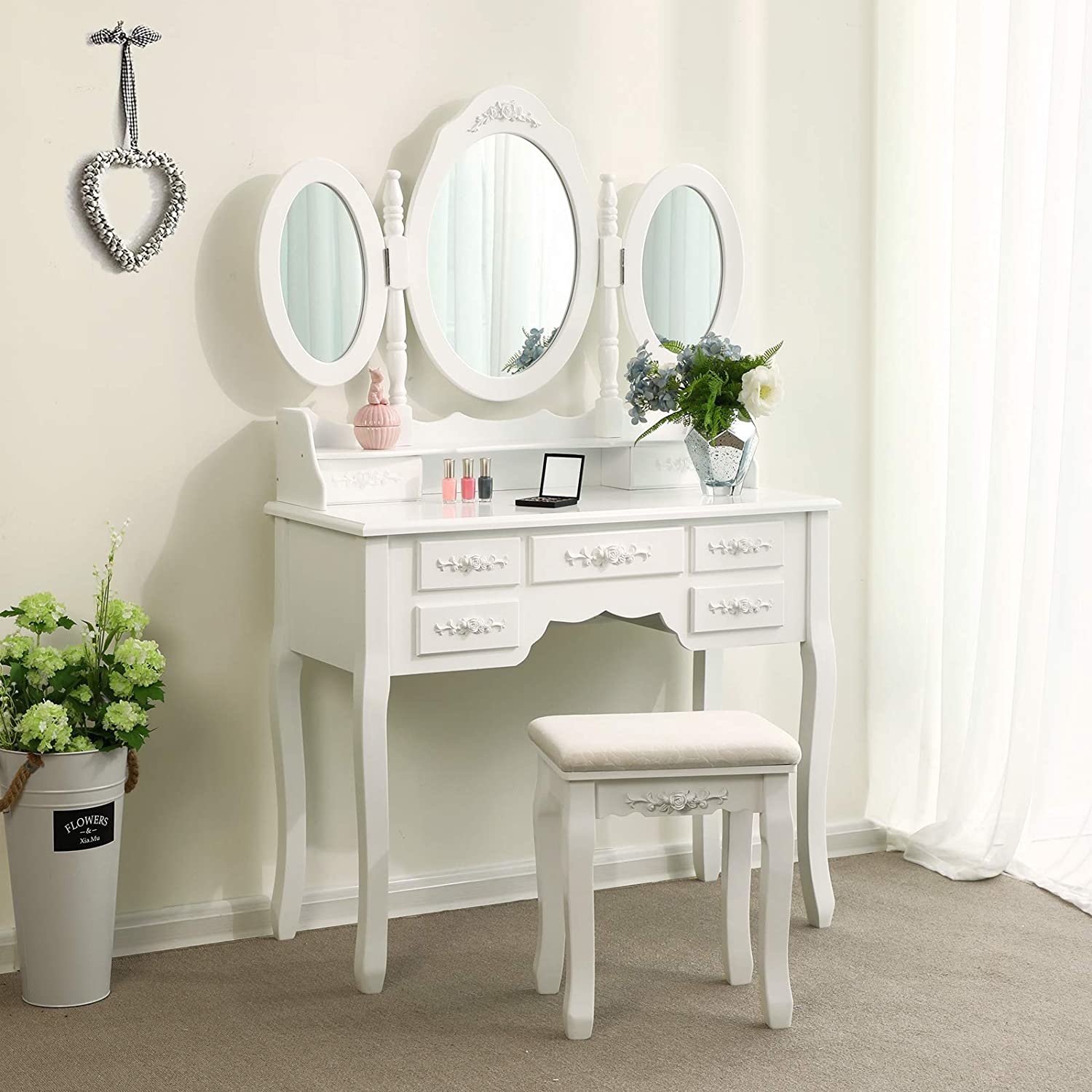Hoout Makeuptafel/ Kaptafel Met 3 Spiegels En Kruk, 7 Laden, Wit