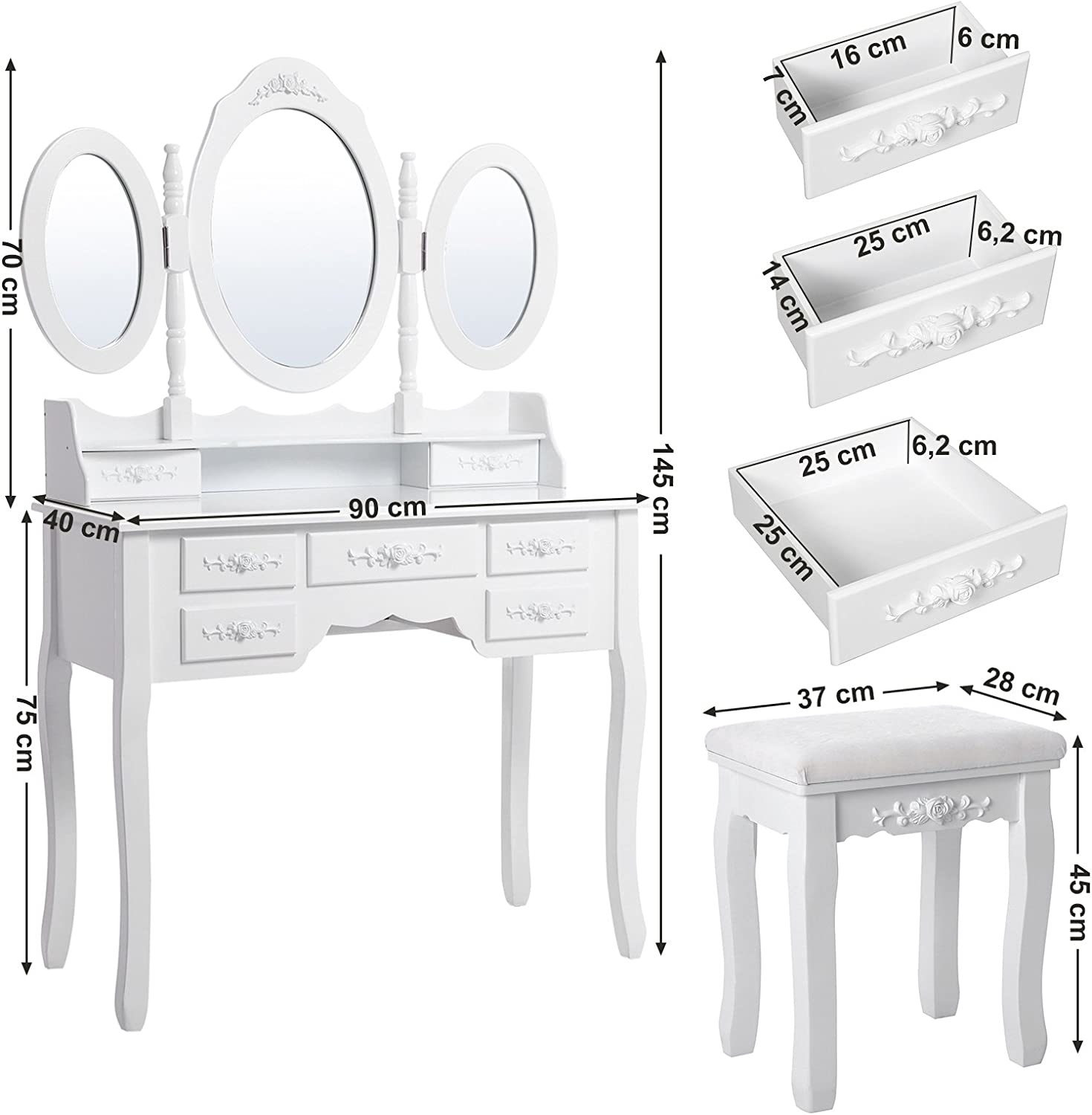 Hoout Makeuptafel/ Kaptafel Met 3 Spiegels En Kruk, 7 Laden, Wit
