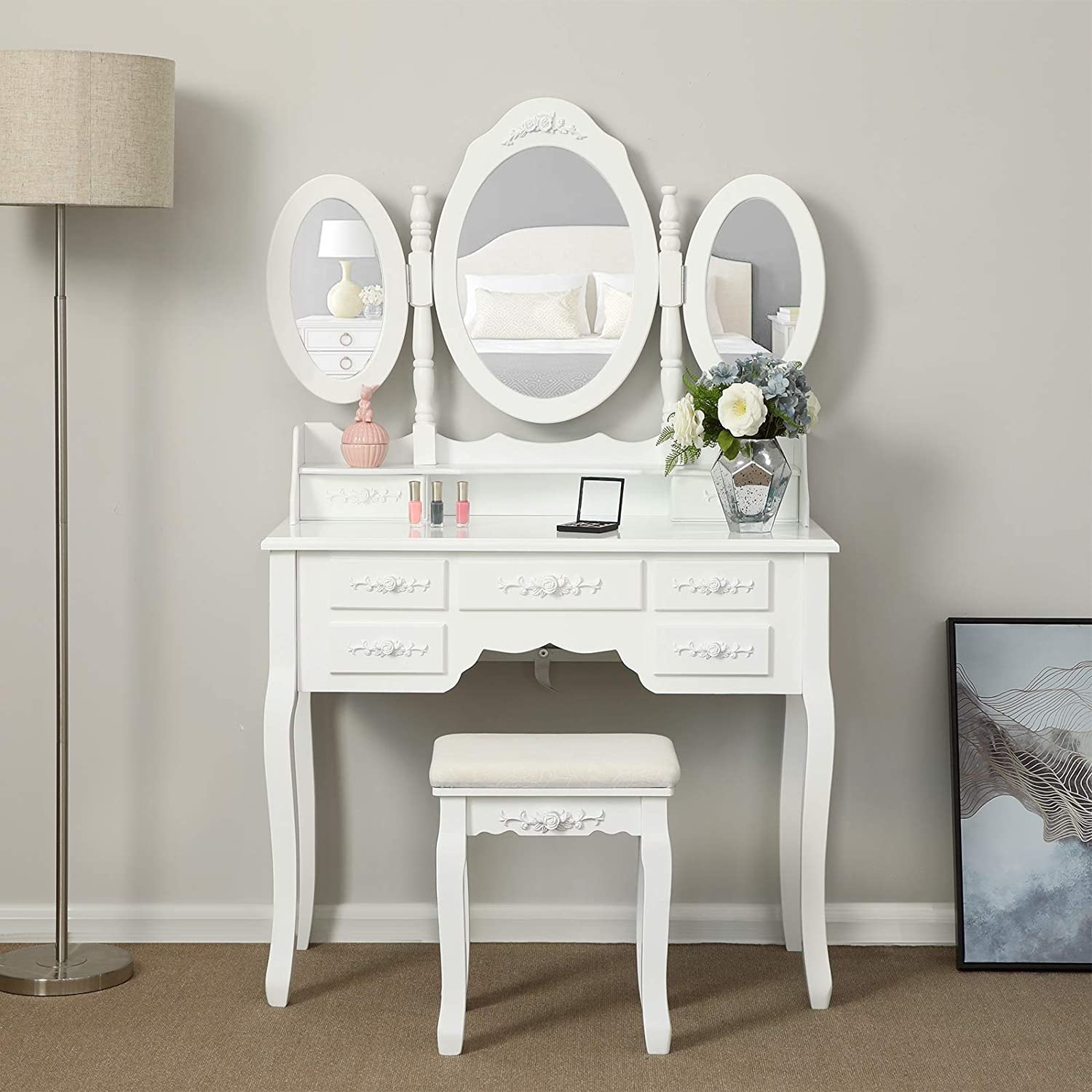 Hoout Makeuptafel/ Kaptafel Met 3 Spiegels En Kruk, 7 Laden, Wit