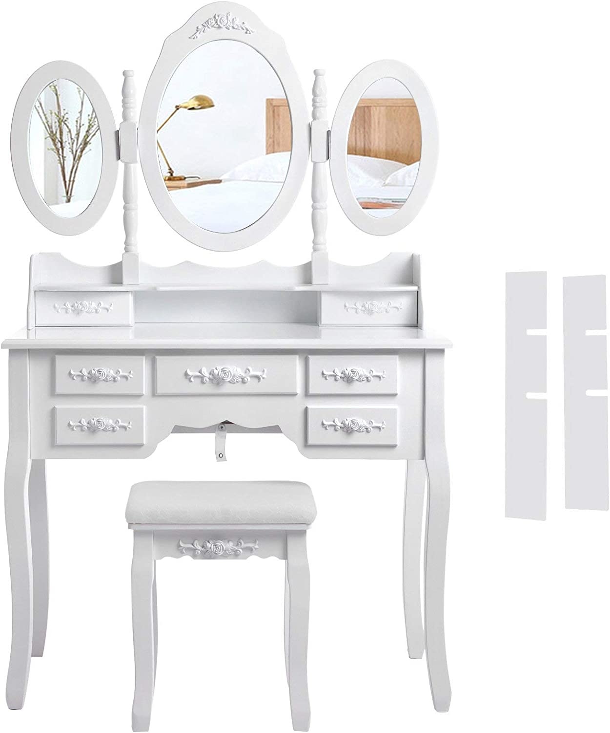 Hoout Makeuptafel/ Kaptafel Met 3 Spiegels En Kruk, 7 Laden, Wit