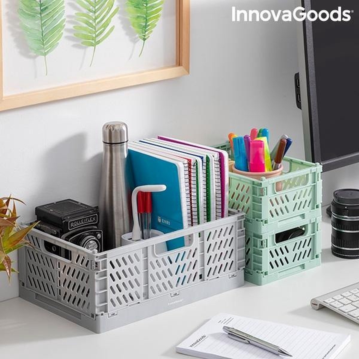 InnovaGoods Boxtor - Multifunctionele opbergkratten - 3 Delig - Grijs/Groen