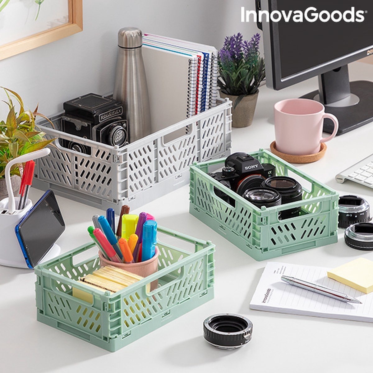 InnovaGoods Boxtor - Multifunctionele opbergkratten - 3 Delig - Grijs/Groen
