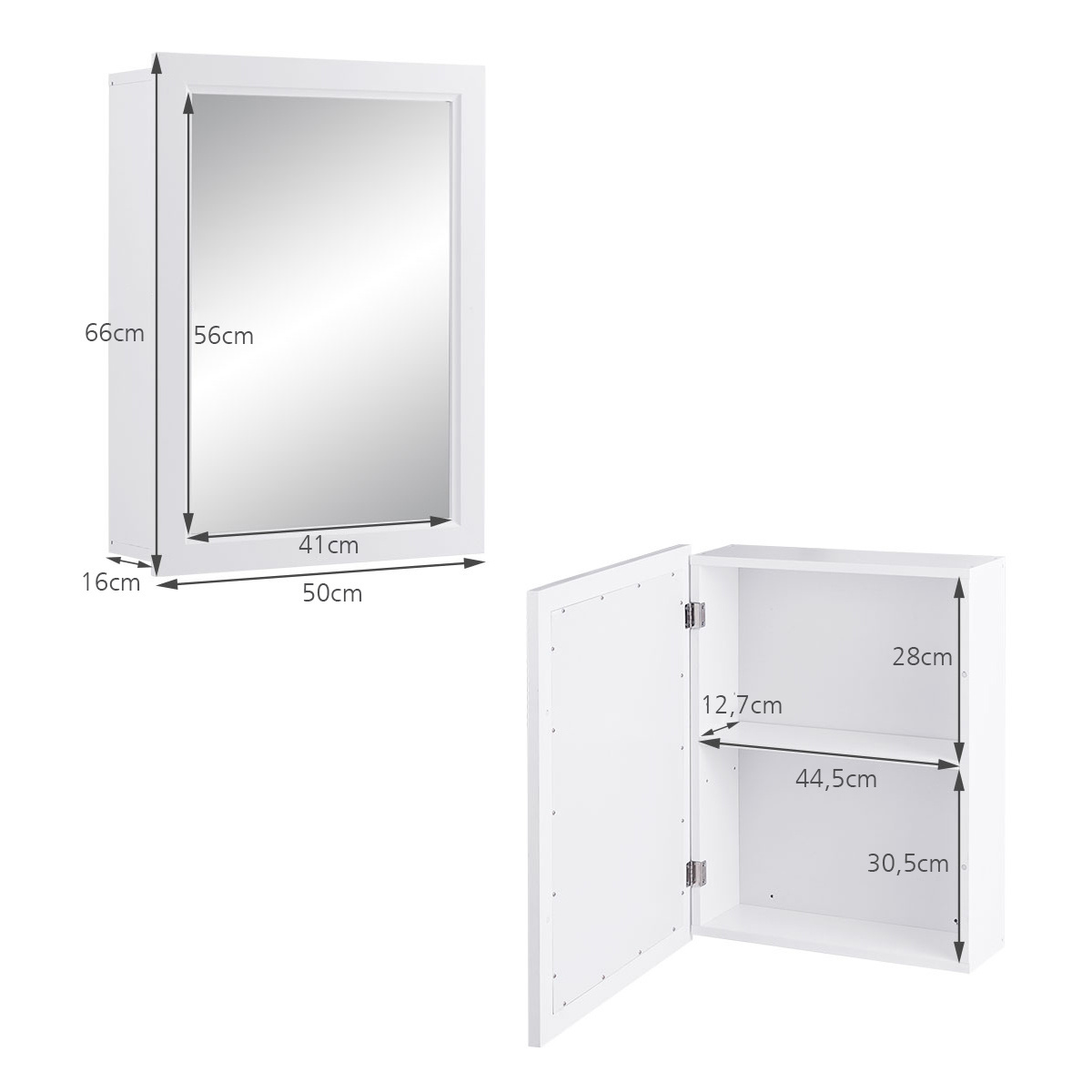 Costway - Badkamerkast - MET spiegel - Wit - 50 x 16 x 66 cm