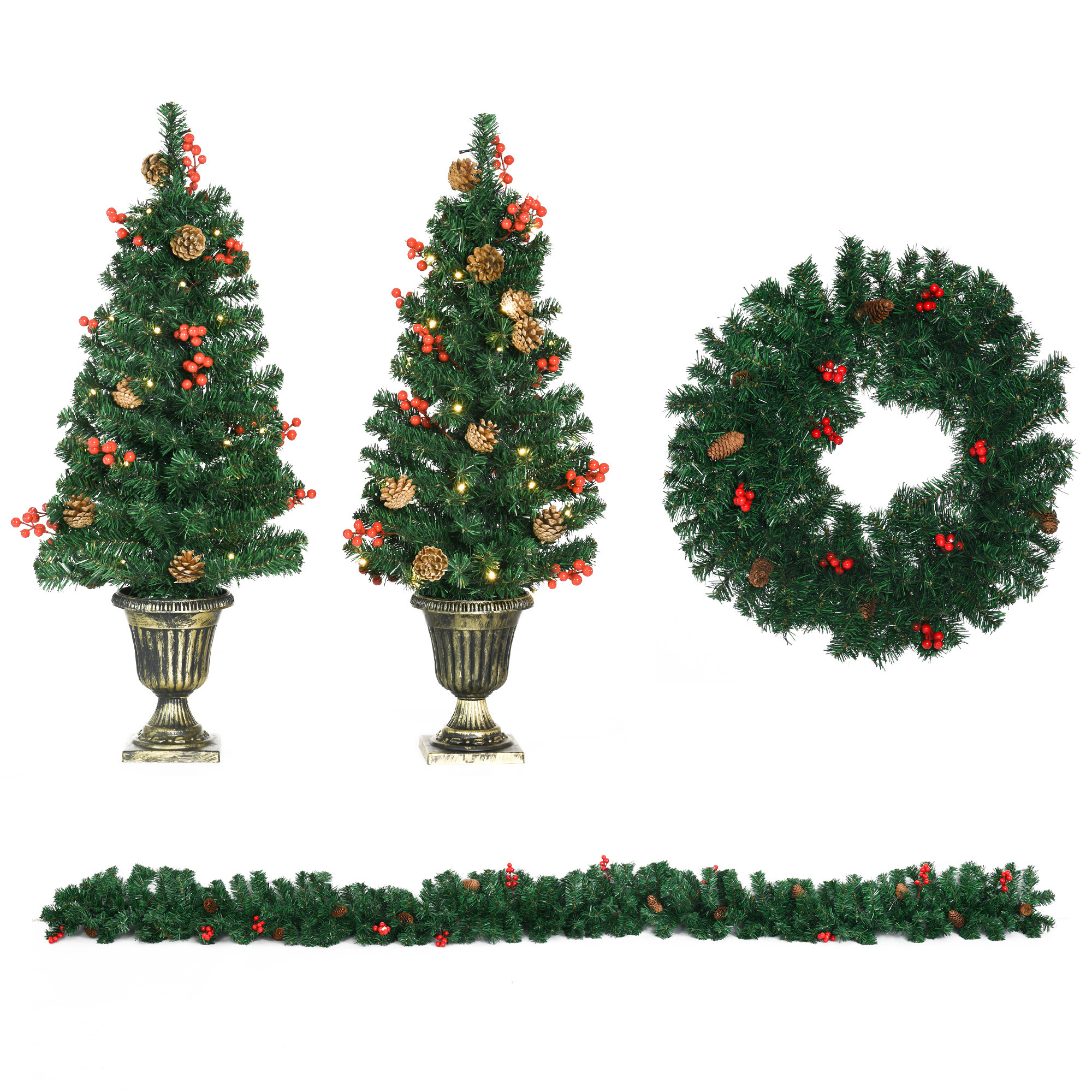 HOMdotCOM 4-delige set kerstversieringen, 2 kerstbomen, 1 kerstkrans, 1 kerstslinger inclusief LED-verlichting