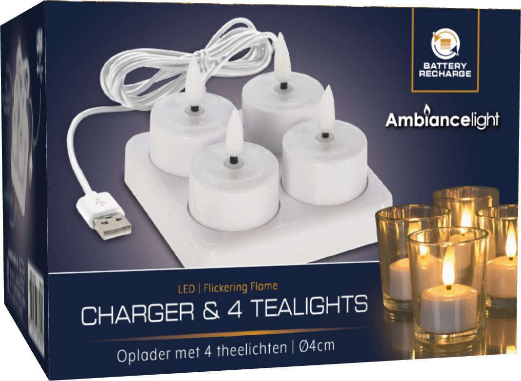 Oplaadbaar LED theelichtset 4-delig MET oplader